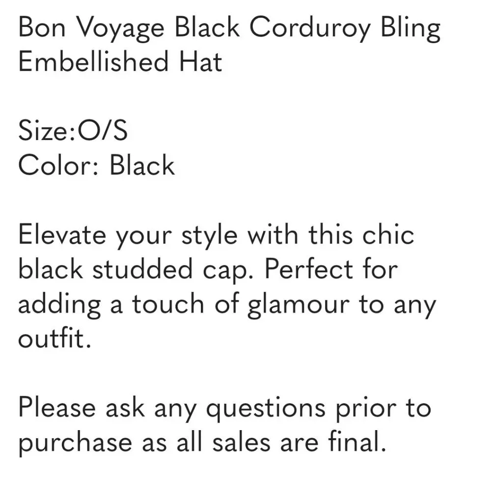 Bon Voyage Black Corduroy Bling Embellished Hat